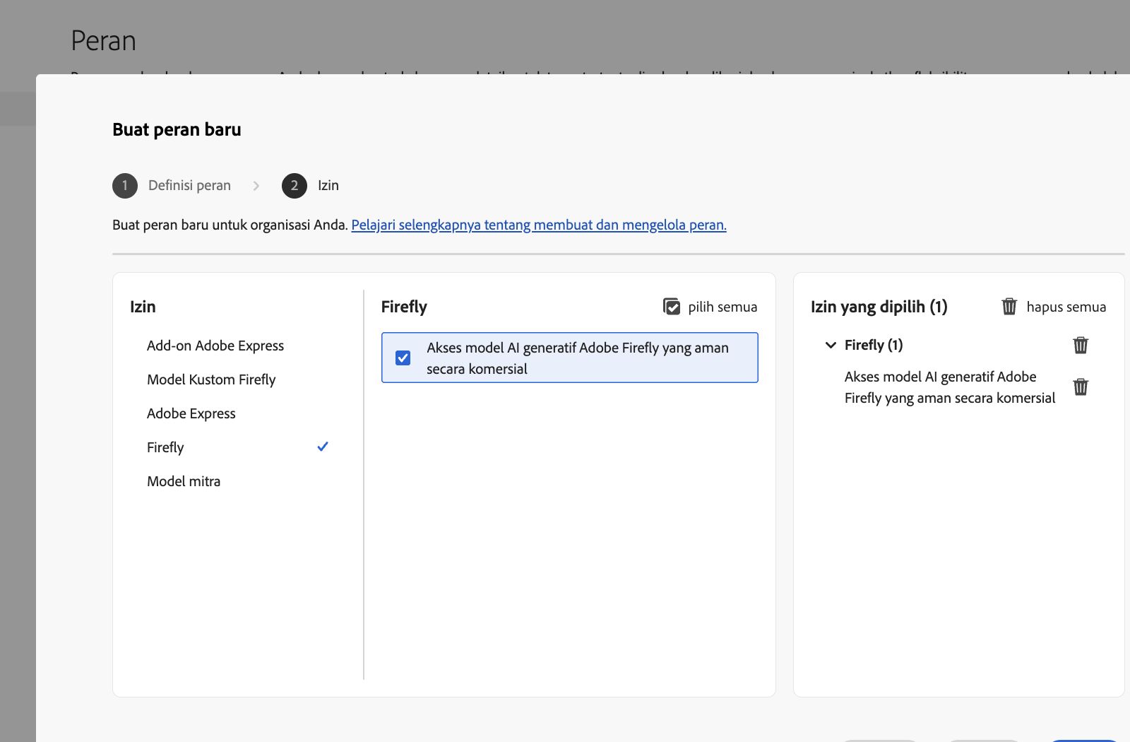 Citra menampilkan layar Buat peran di Admin Console, menunjukkan daftar izin dan kemampuan yang dapat Anda pilih