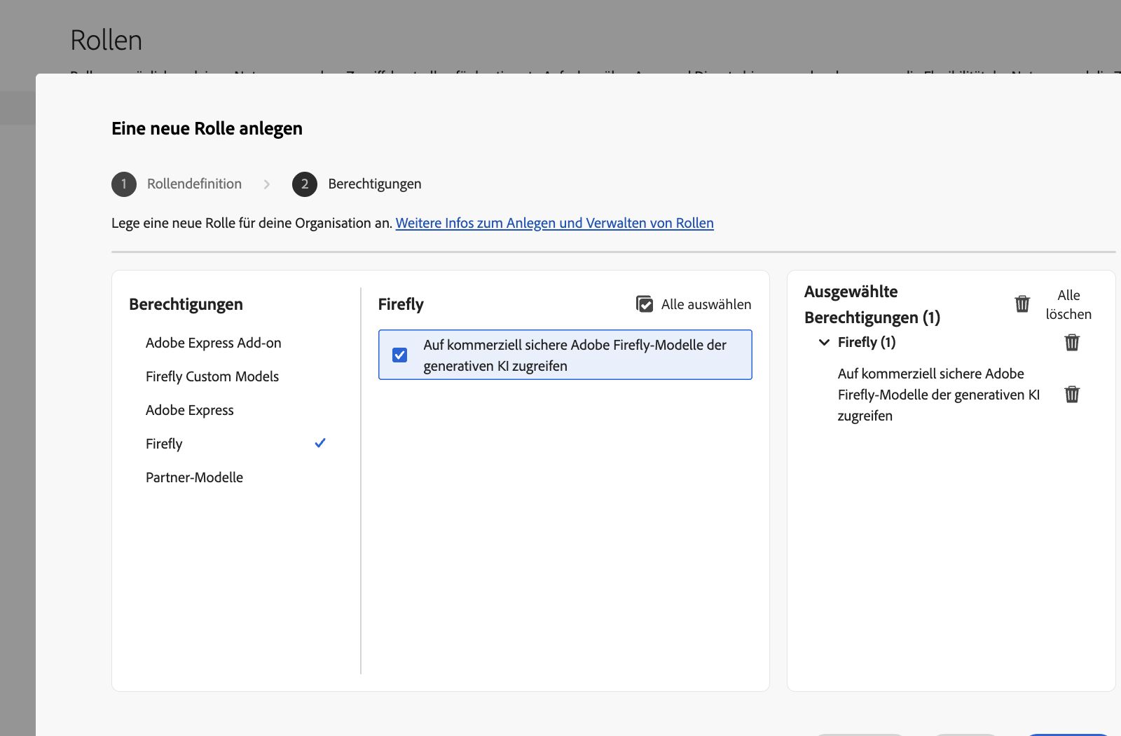 Das Bild zeigt den Bildschirm „Rolle erstellen“ in der Admin Console mit einer Liste auszuwählender Berechtigungen und Funktionen an