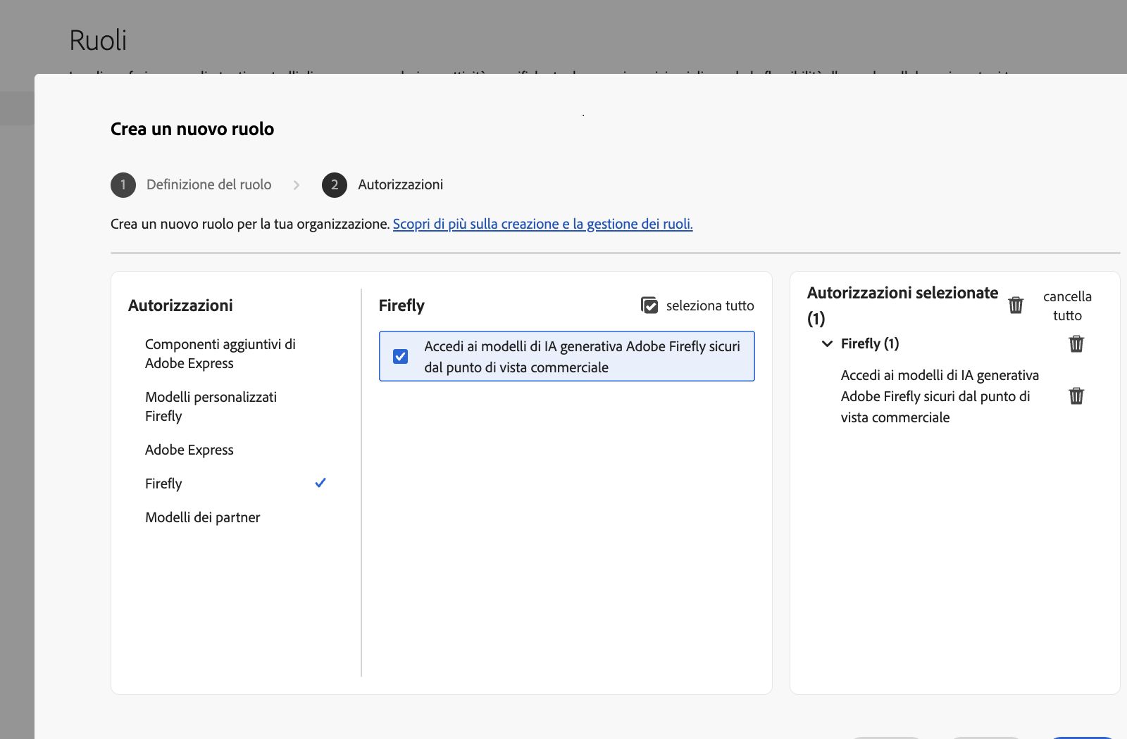L’immagine mostra la schermata Crea ruolo in Admin Console, con un elenco di autorizzazioni e funzionalità tra cui puoi selezionare