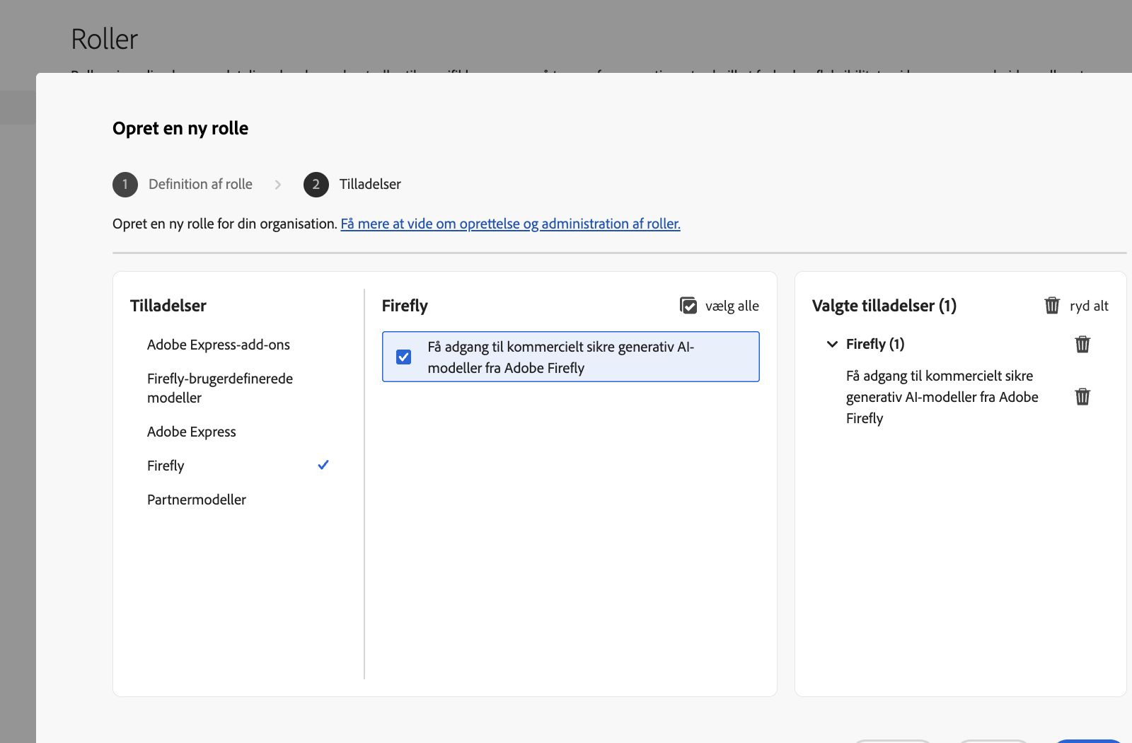 Billede viser skærmbilledet Opret rolle i Admin Console, som viser en liste over tilladelser og funktioner, du kan vælge fra