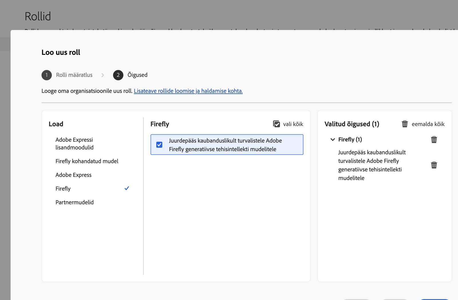 Pildil on Admin Console’i rolli loomise kuva, kus on näha loend õigustest ja võimalustest, mille hulgast saate valida