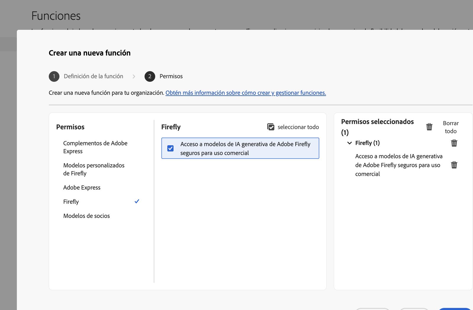 La imagen muestra la pantalla Crear función en Admin Console, que presenta una lista de permisos y capacidades de entre los que puede seleccionar