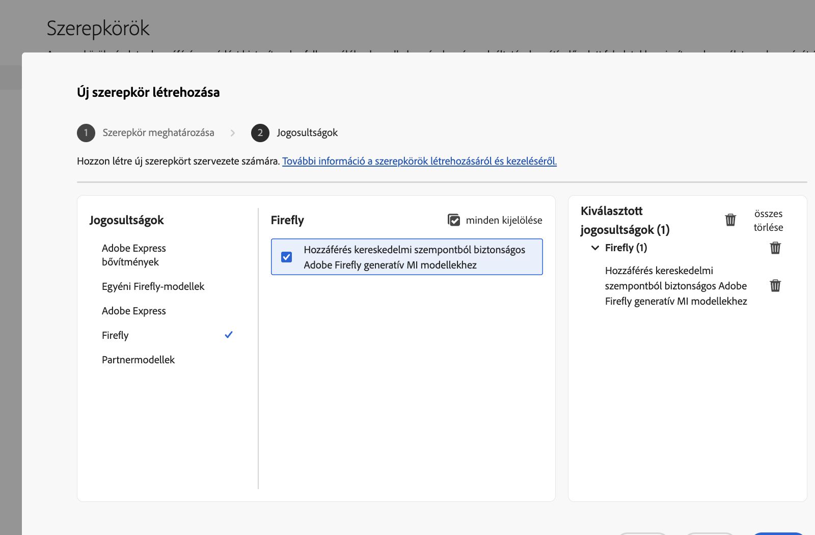 A kép az Admin Console Szerepkör létrehozása képernyőjét jeleníti meg, amely a kiválasztható engedélyek és képességek listáját mutatja