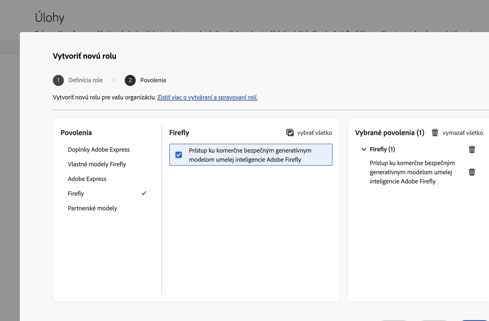 Obrázok zobrazuje obrazovku Vytvoriť rolu v Admin Console, ktorá ukazuje zoznam povolení a možností, z ktorých si môžete vybrať