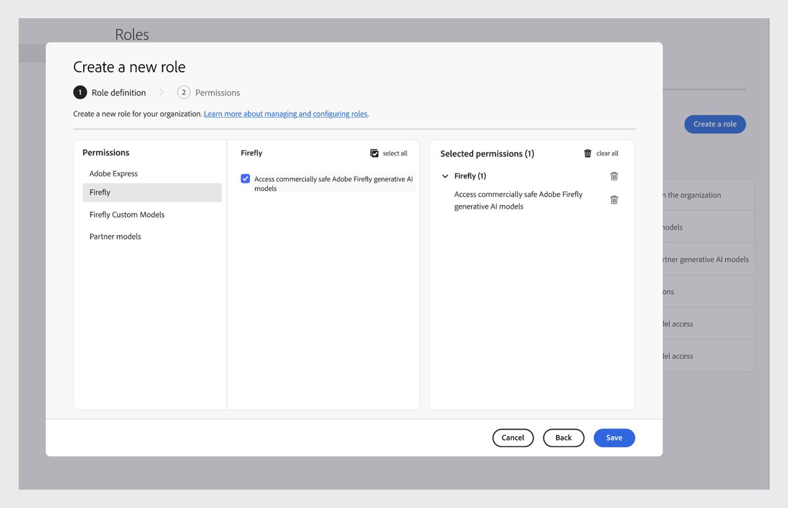 Image displays the Create role screen in the Admin Console, showing a list of permissions and capabilities you can select from
