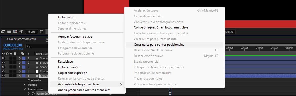 En el panel Línea de tiempo, las propiedades de una capa Forma se expanden y se selecciona Punto de anclaje. El menú Crear está abierto y se resaltan los controladores nulos para los puntos de posición.