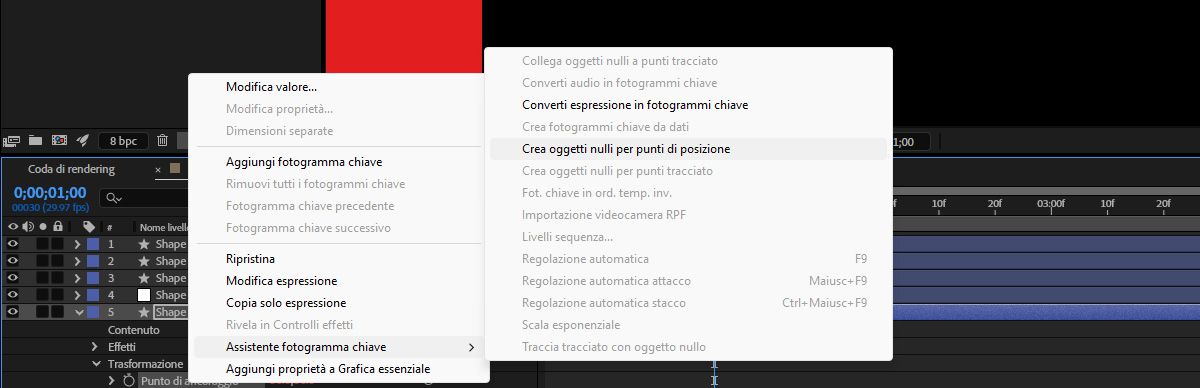 Nel pannello della timeline vengono estese le proprietà di un livello forma e viene selezionato un punto di ancoraggio. Il menu Crea è aperto e i controlli degli oggetti nulli per i punti di posizione sono evidenziati.