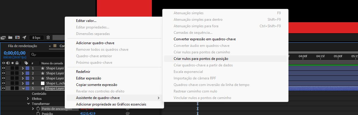 As propriedades de uma camada de forma expandidas no painel “Linha do tempo”, com o ponto de ancoragem selecionado. O menu “Criar” aberto com a opção Controladores nulos de pontos posicionais realçada.