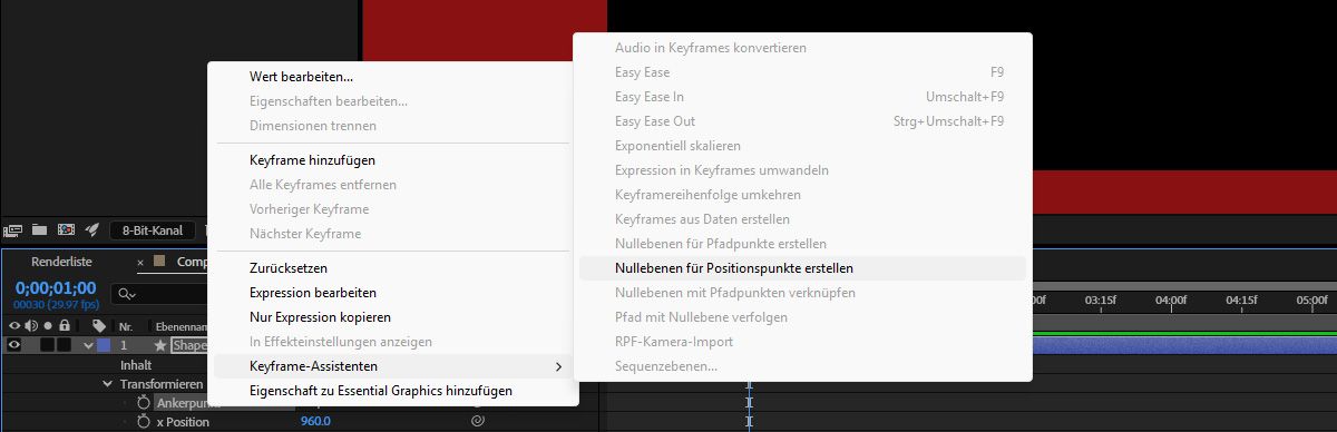 Im Bedienfeld „Zeitleiste“ sind die Eigenschaften einer Formebene erweitert und der Ankerpunkt ist ausgewählt. Das Menü „Erstellen“ ist geöffnet und „Null-Controller für Positionspunkte“ ist hervorgehoben.