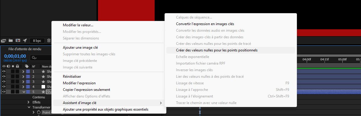 Dans le panneau Montage, les propriétés d’un calque Forme sont étendues et Point d’ancrage est sélectionné. Le menu Créer est ouvert et les contrôleurs nuls pour les points de position sont mis en surbrillance.