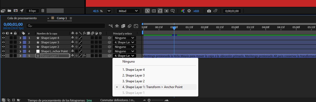 El panel Controles de efectos está abierto, el control de capa está abierto y puede utilizar el menú desplegable Capa para vincular puntos de posición a otras capas existentes. 