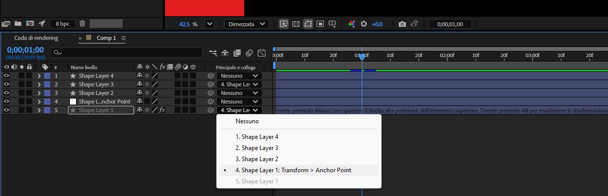 Il pannello Controlli effetti è aperto e il Controllo del livello è aperto, così puoi utilizzare il menu a discesa Livello per collegare i punti di posizione agli altri livelli esistenti. 