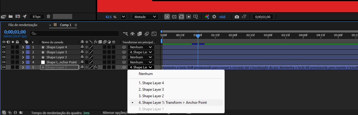O painel “Controles de efeitos” e “Controle da camada” são abertos, permitindo usar o menu suspenso “Camada” para vincular pontos posicionais a outras camadas existentes. 