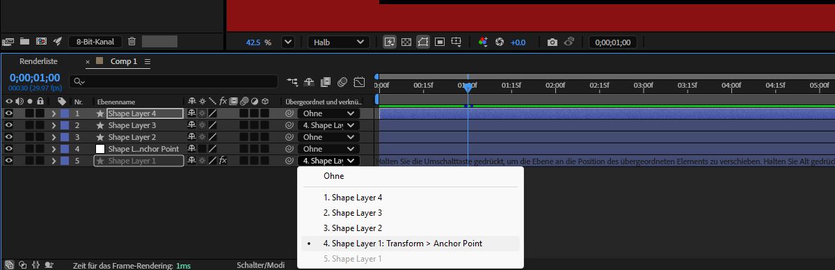 Das Bedienfeld „Effekteinstellungen“ ist geöffnet und die Ebeneneinstellung ist geöffnet. Du kannst das Dropdown-Menü „Ebene“ verwenden, um Positionspunkte mit anderen vorhandenen Ebenen zu verknüpfen. 