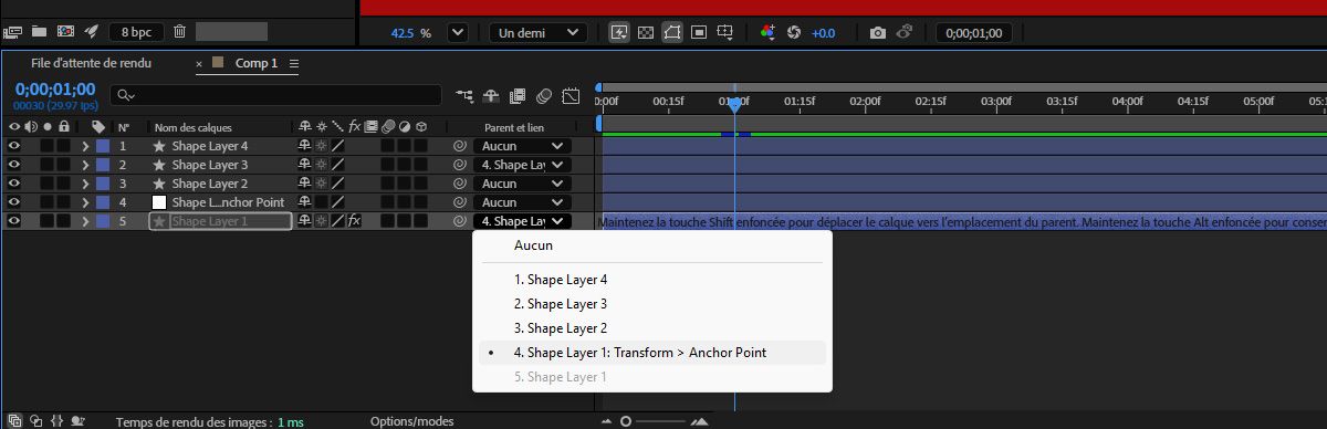 Le panneau Options d’effets est ouvert et le paramètre calque est ouvert et vous pouvez utiliser le menu déroulant Calque pour lier les points de position à d’autres calques existants. 