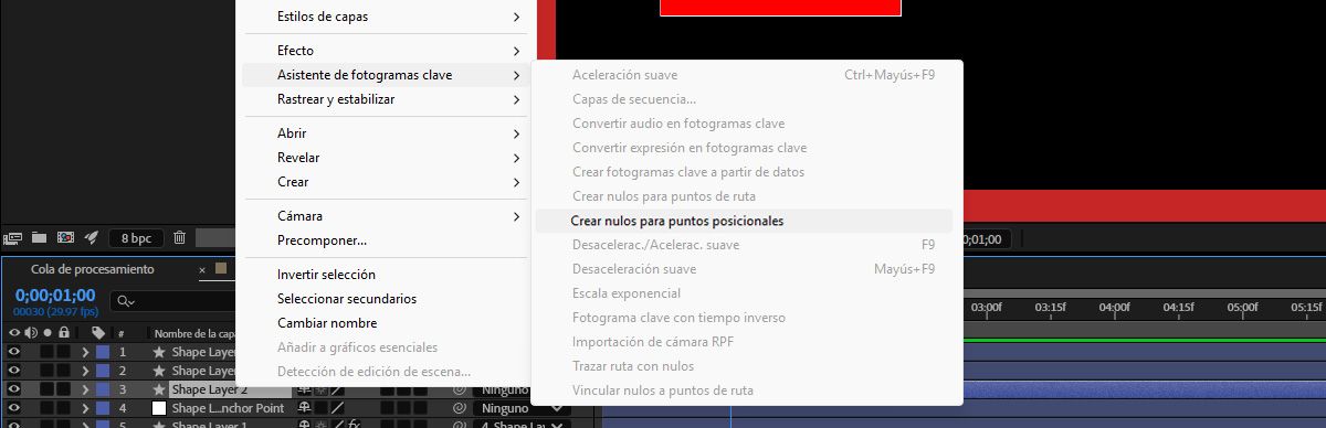 Se selecciona una capa de forma y, en el menú contextual de Crear, se seleccionan los Controladores nulos para los puntos de posición.