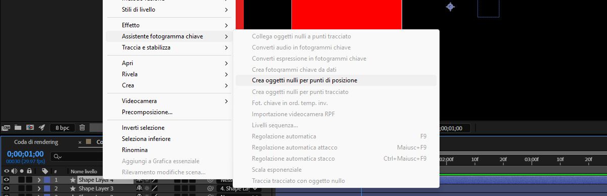 È selezionato un livello forma e dal menu di scelta rapida Crea, vengono selezionati i controlli di oggetti nulli per i punti di posizione.