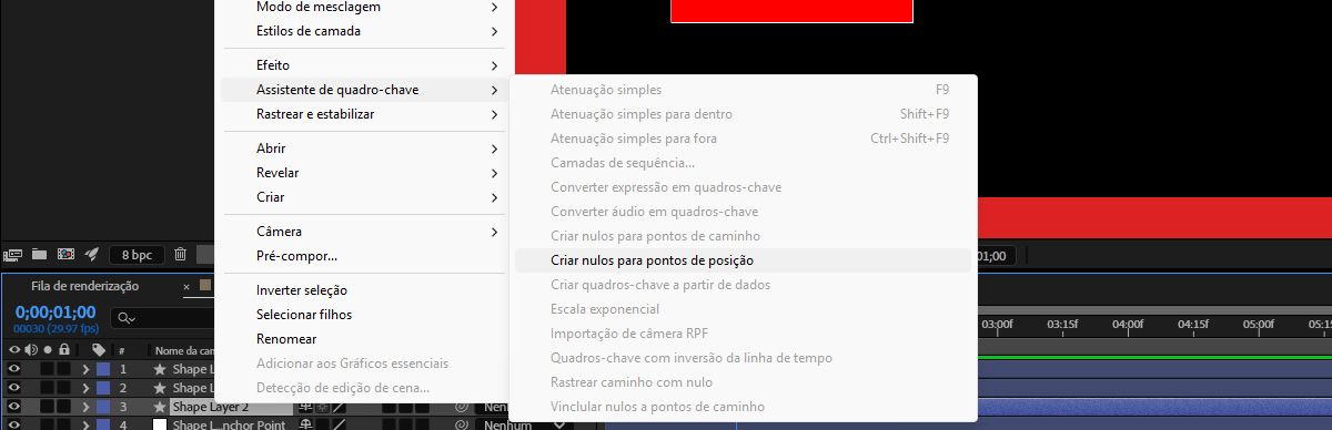 Uma camada de forma selecionada com a opção “Controladores nulos de pontos posicionais” selecionada no menu de contexto “Criar”.