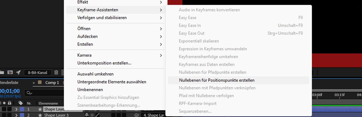 Es wird eine Formebene ausgewählt und im Kontextmenü „Erstellen“ werden die Null-Controller für Positionspunkte ausgewählt.