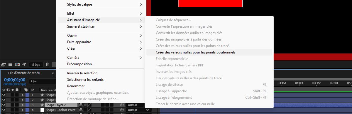 Un calque de forme est sélectionné et, dans le menu contextuel Créer, les contrôleurs nuls pour les points de position sont sélectionnés.