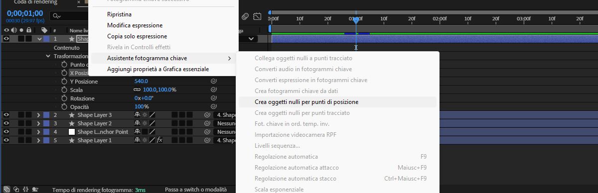 I controlli di oggetti nulli per i punti di posizione sono selezionati dalle opzioni del menu della proprietà della dimensione separata.