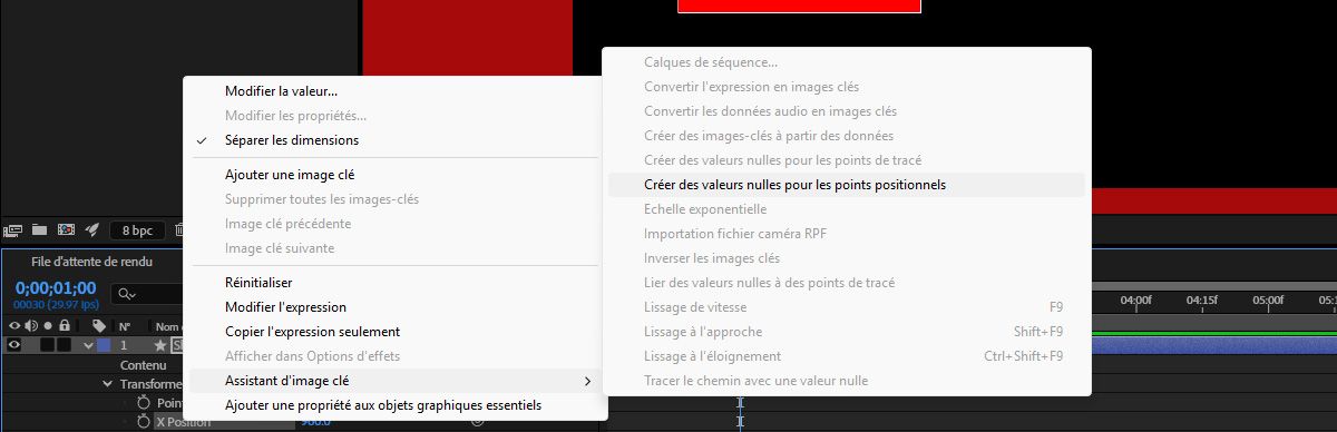Les contrôleurs nuls pour les points de position sont sélectionnés parmi les options de menu de la propriété de la dimension séparée.