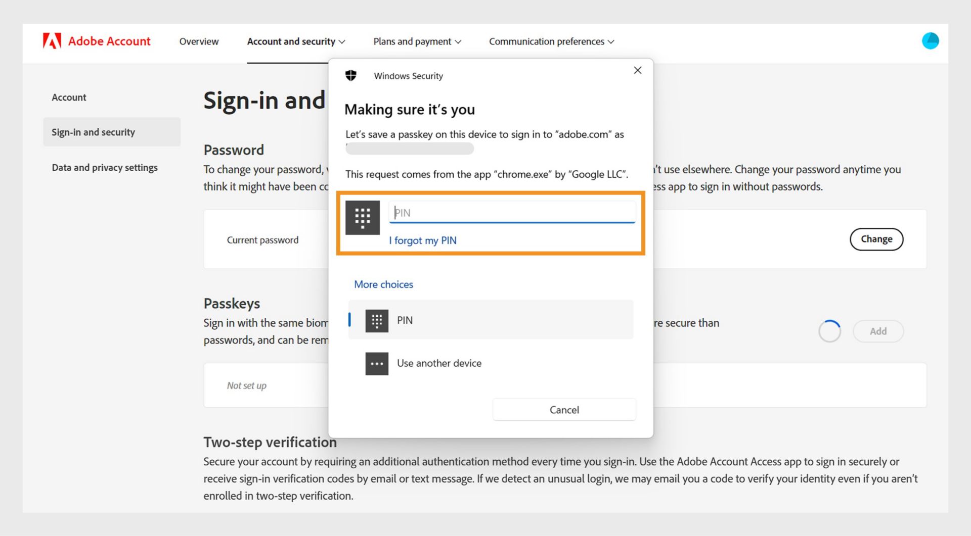 Kolom untuk memasukkan PIN perangkat, yang tersedia di jendela untuk memverifikasi identitas Anda, memungkinkan Anda menyimpan kunci sandi menggunakan PIN perangkat dan menggunakannya untuk login.