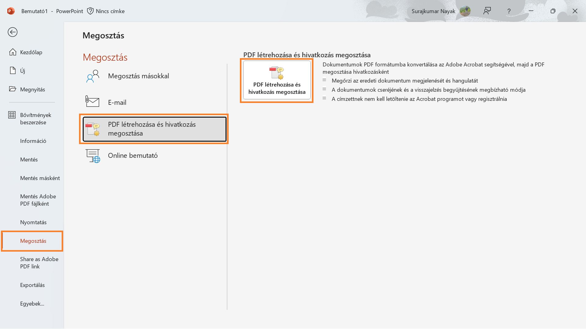 PDF létrehozása és hivatkozás megosztása