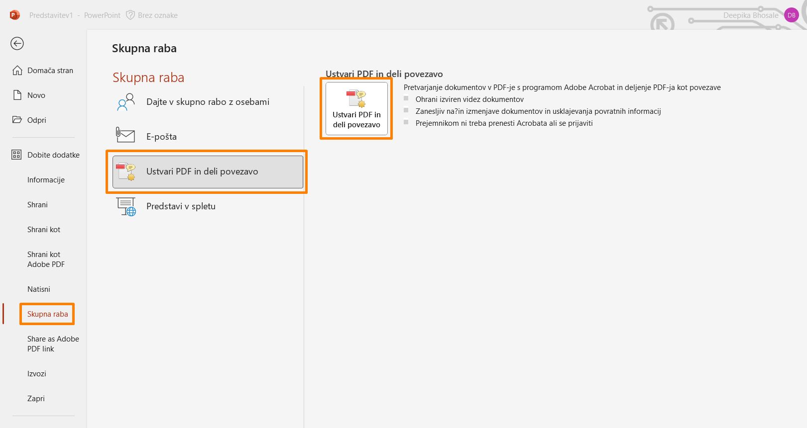 Ustvari PDF in deli povezavo