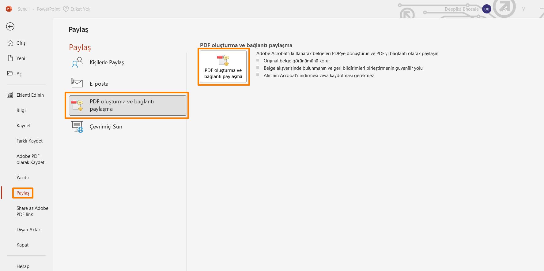 PDF oluşturma ve bağlantı paylaşma