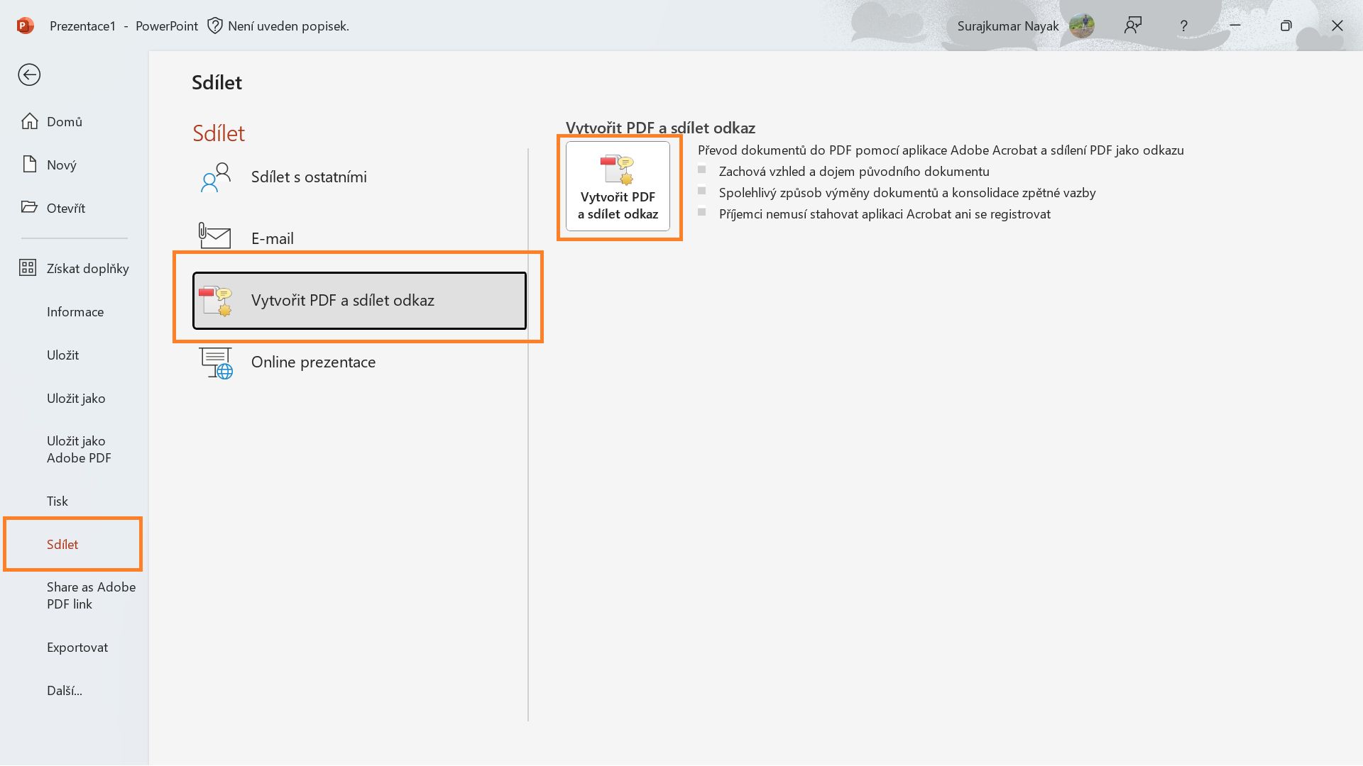 Vytvořit PDF a sdílet odkaz
