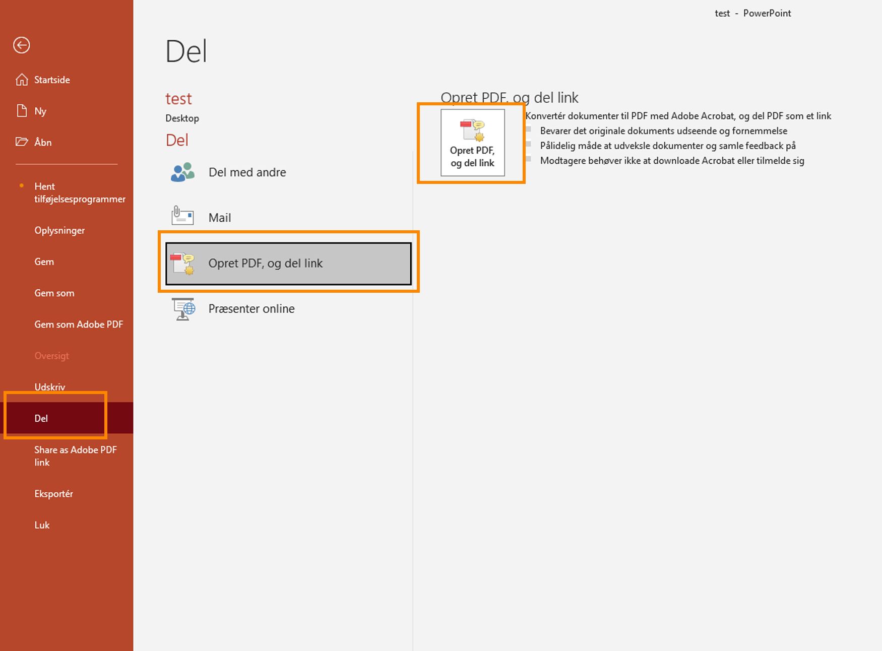 Opret PDF, og del link