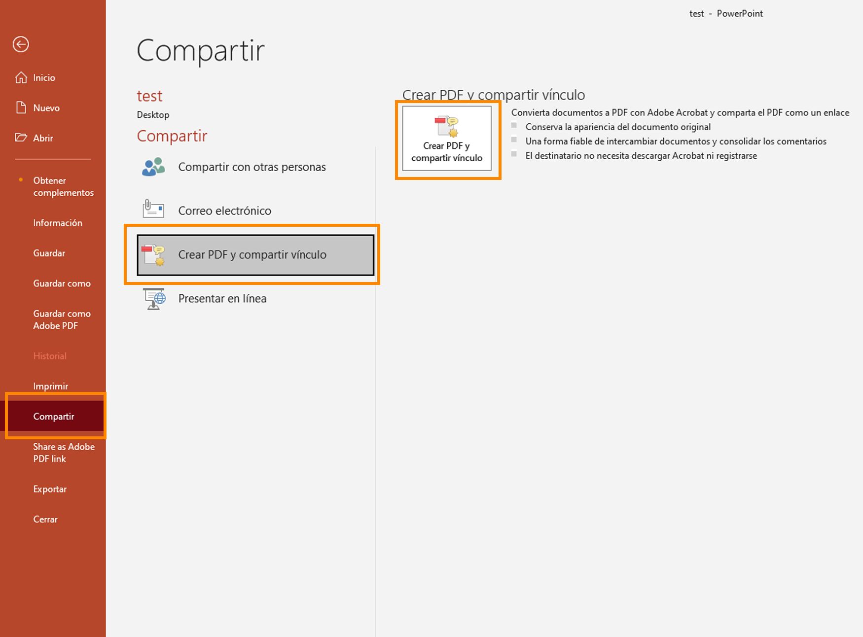 Crear PDF y compartir vínculo