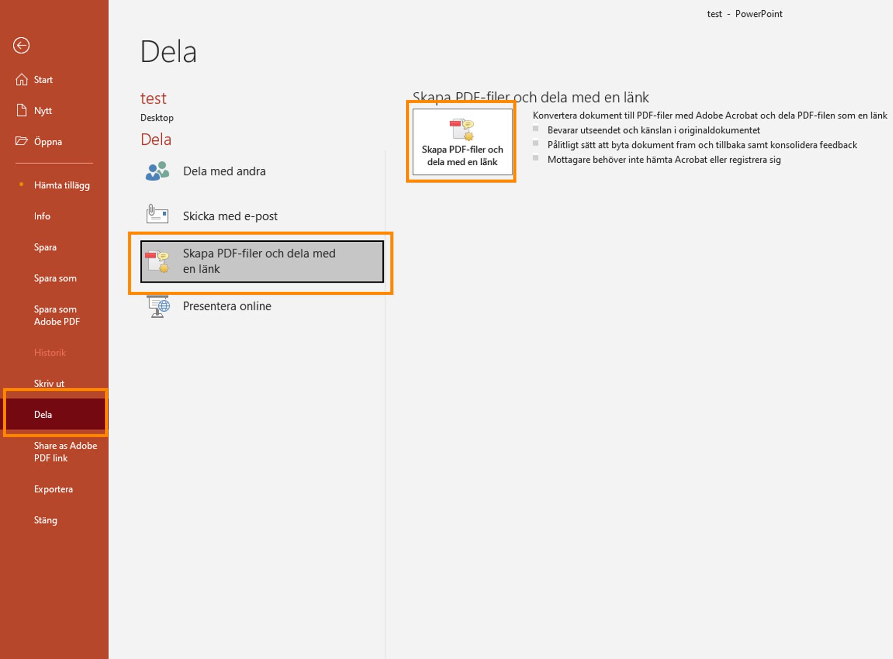 Skapa PDF-filer och dela med en länk