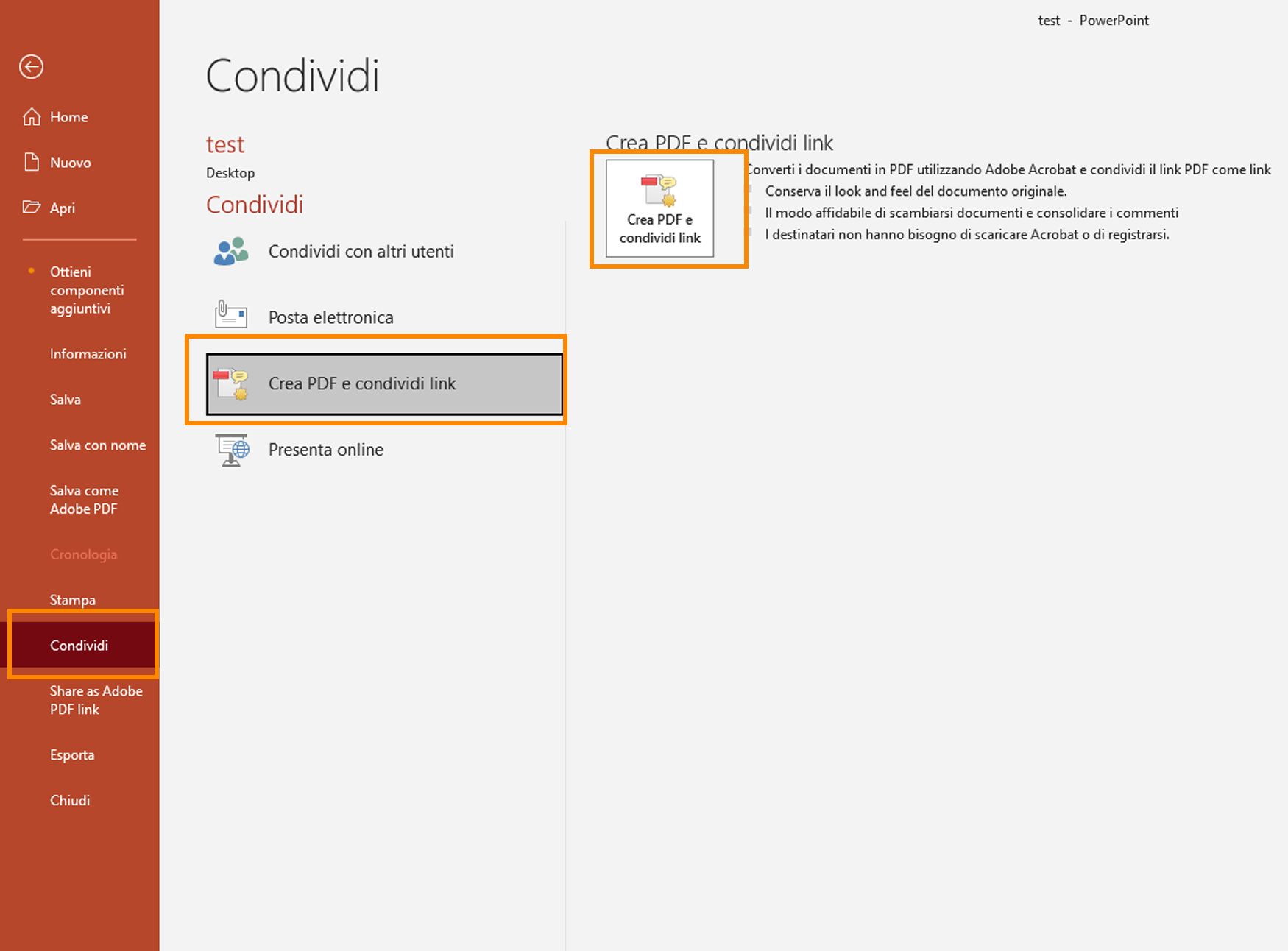 Crea PDF e condividi collegamento