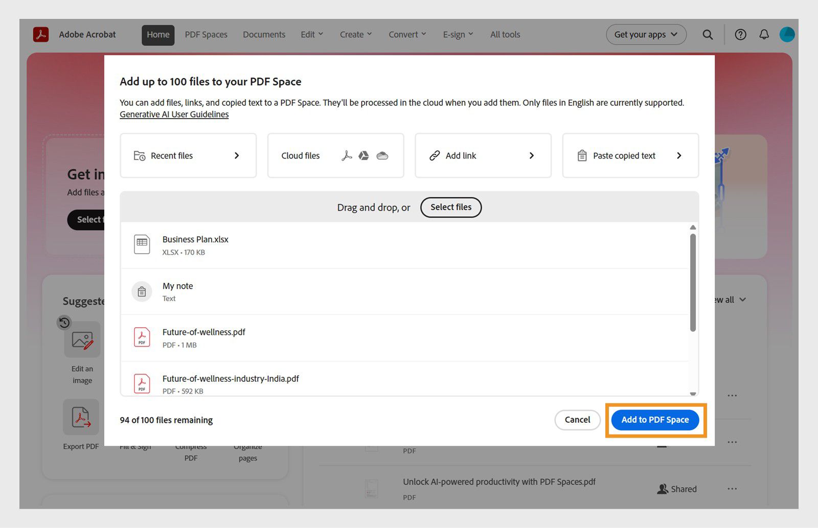 Dialogruta för tillägg av resurser och länkar till PDF Spaces, med alternativ för uppladdning från enhet, molnlagring, textinmatning och webbadress.