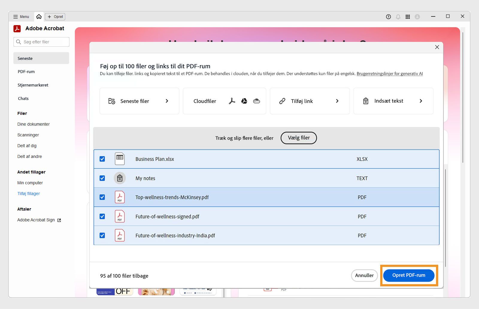 Dialogboks til tilføjelse af kildefiler til et PDF Space med muligheder for at uploade fra enhed, Cloud-lagring, tekstinput eller web-URL.