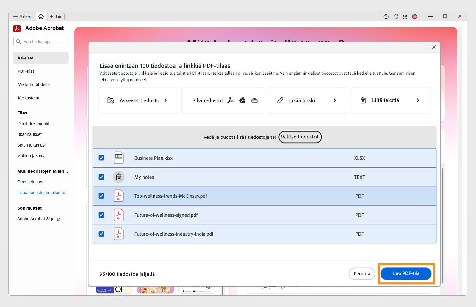 Valintaikkuna lähdetiedostojen lisäämiseksi PDF Space -tilaan, jossa on vaihtoehdot ladata laitteelta, pilvitallennustilasta, tekstisyötteestä tai verkko-URL-osoitteesta.