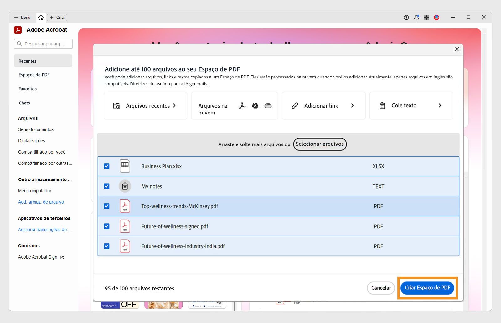 Caixa de diálogo para adicionar arquivos de origem a um PDF Space, com opções para fazer upload do dispositivo, armazenamento na nuvem, entrada de texto ou URL da web.