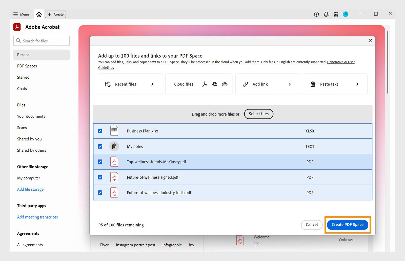Dialoogvenster voor het toevoegen van bronbestanden aan een PDF Space, met opties om te uploaden vanaf apparaat, cloudopslag, tekstinvoer of web-URL.