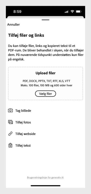 Dialogboks til at tilføje filer og links til PDF Space med muligheder for at uploade fra enhed, tilføje fotos, indsætte tekst eller tilføje web-URL.