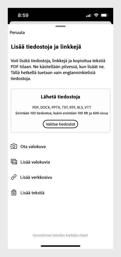 Valintaikkuna tiedostojen ja linkkien lisäämiseksi PDF Space -tilaan. Vaihtoehdot ladata laitteelta, lisätä kuvia, lisätä tekstiä tai lisätä verkko-URL.
