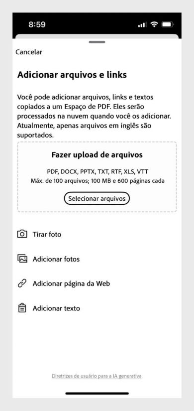 Caixa de diálogo para adicionar arquivos e links ao PDF Space, com opções para fazer upload do dispositivo, adicionar fotos, inserir texto ou adicionar URL da web.