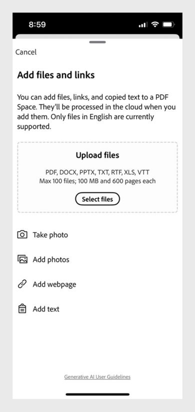 Dialog box para magdagdag ng mga file at link sa PDF Space, na may mga opsyon para mag-upload mula sa device, magdagdag ng mga larawan, maglagay ng text, o magdagdag ng web URL.