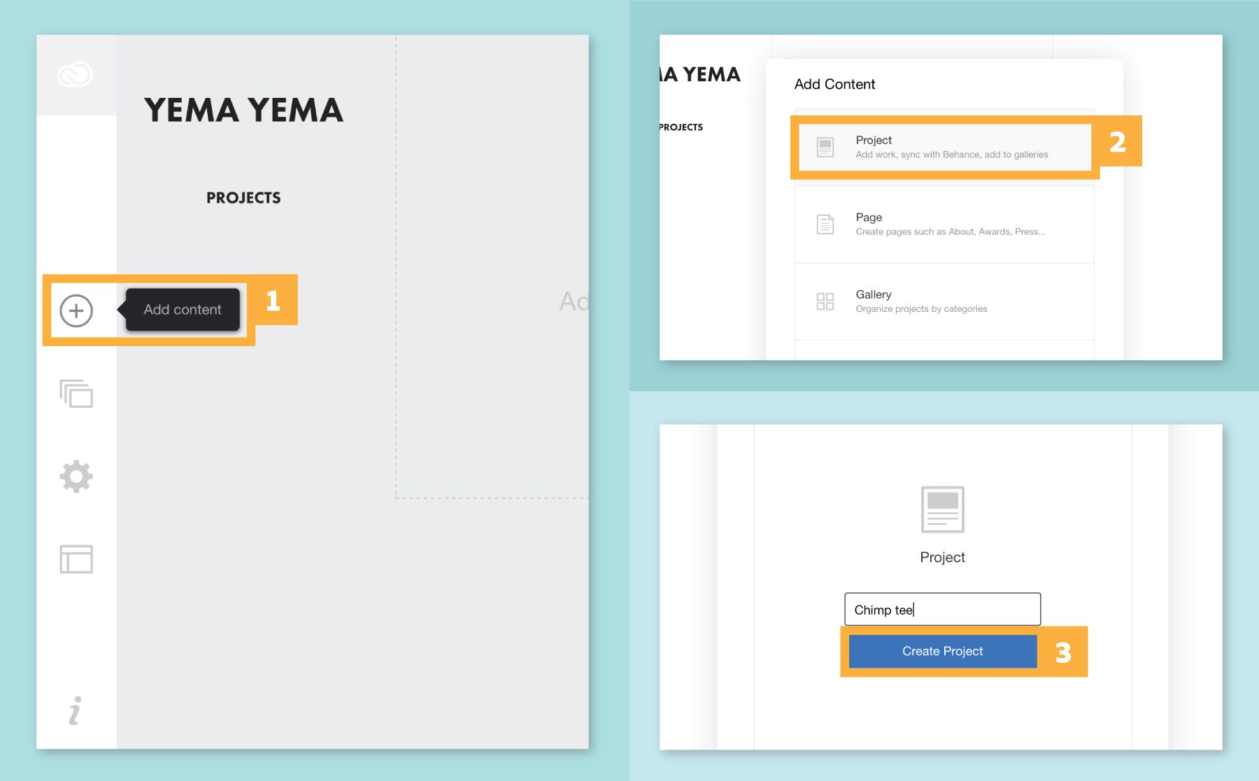 「+」アイコンをクリックしてコンテンツタイプを選択し、プロジェクト名を入力すると、オンラインポートフォリオにプロジェクトが追加される