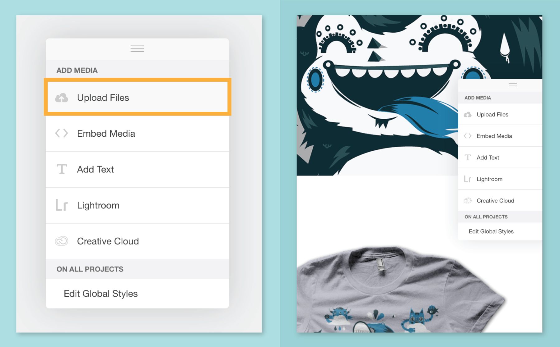 フロートメニューから「ファイルをアップロード」をクリックして、メディアタイプを選択すると、プロジェクトにコンテンツが追加される