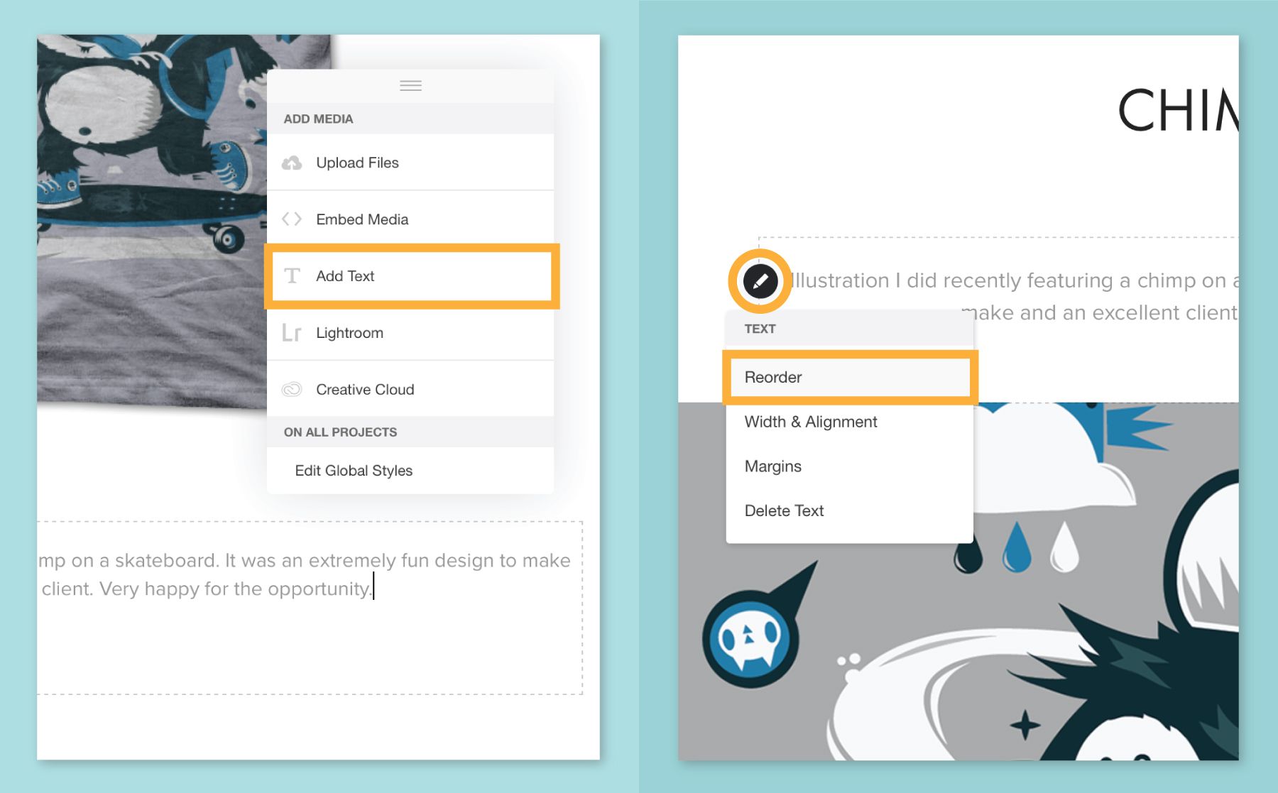 フロートメニューから「テキストを追加」をクリックすると、プロジェクトの詳細が追加される。鉛筆のアイコンをクリックして編集または順序の入れ替えをおこなう