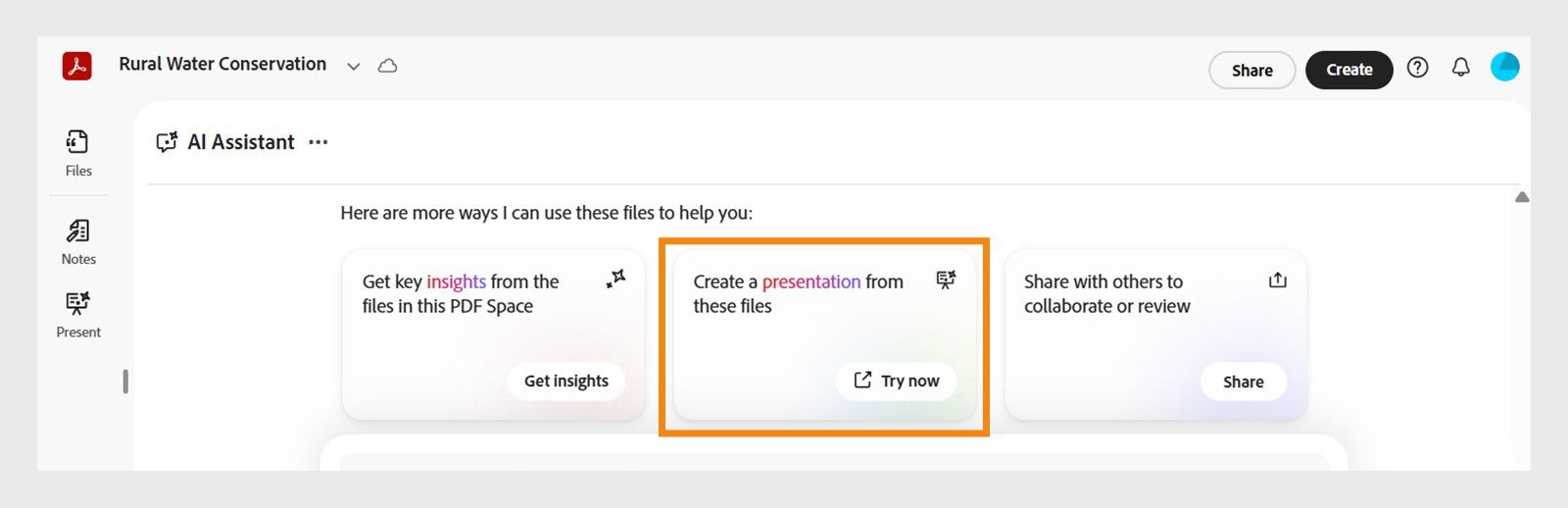 Een pdf Space in acrobat Studio toont voorgestelde opdrachten, waarbij de opdracht om een presentatie te maken van de bestanden oranje gemarkeerd is.