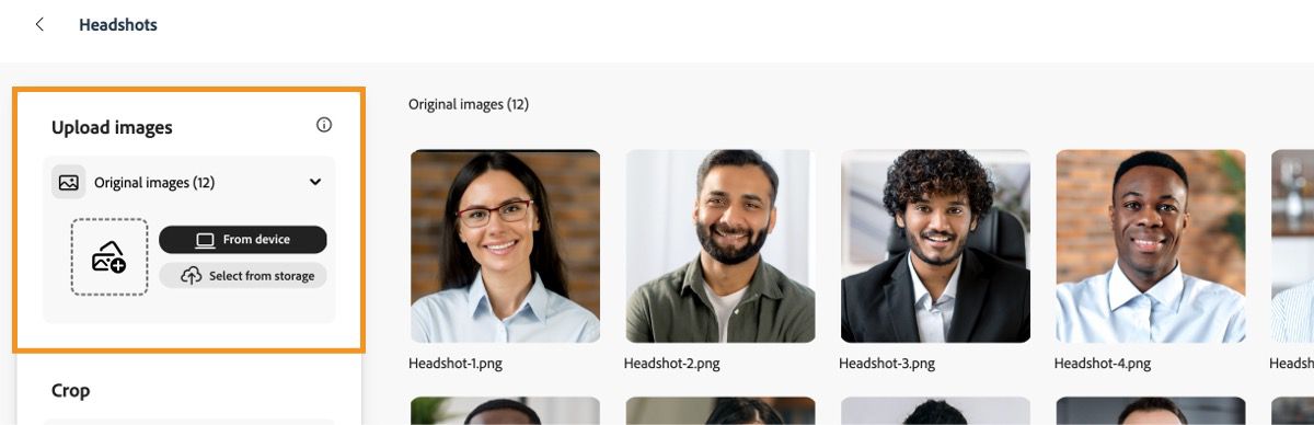 Porträttbildssidan visar avsnittet Överför bilder med alternativ för att överföra bilder från enhet eller välja från molnlagring.