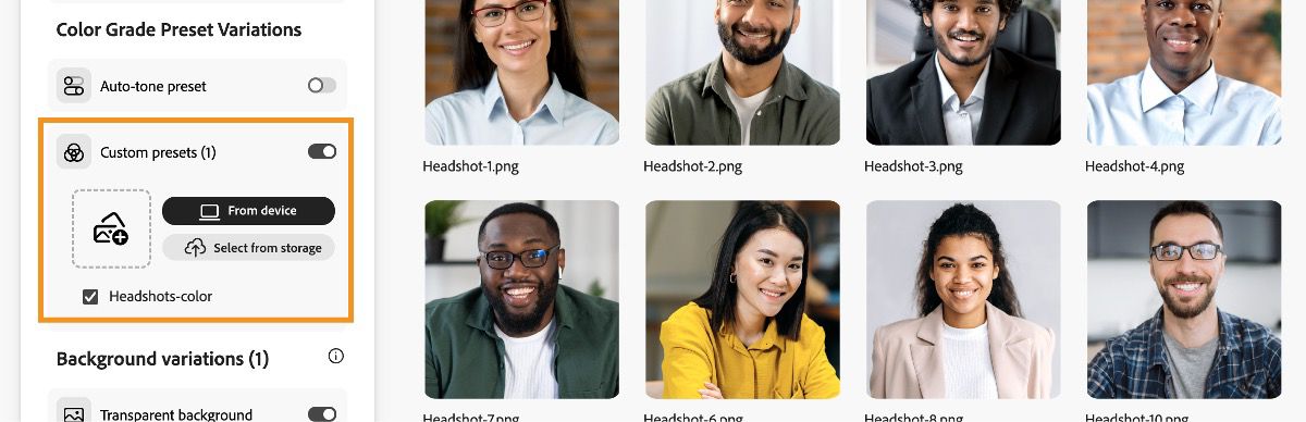 Het scherm Portretfoto's toont het gedeelte Aangepaste voorinstellingen om een voorinstelling te uploaden vanaf het apparaat of er een te selecteren uit de opslag.